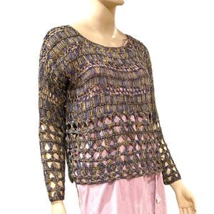 Crochet Open Stitch Long Sleeve Brown Top NEW